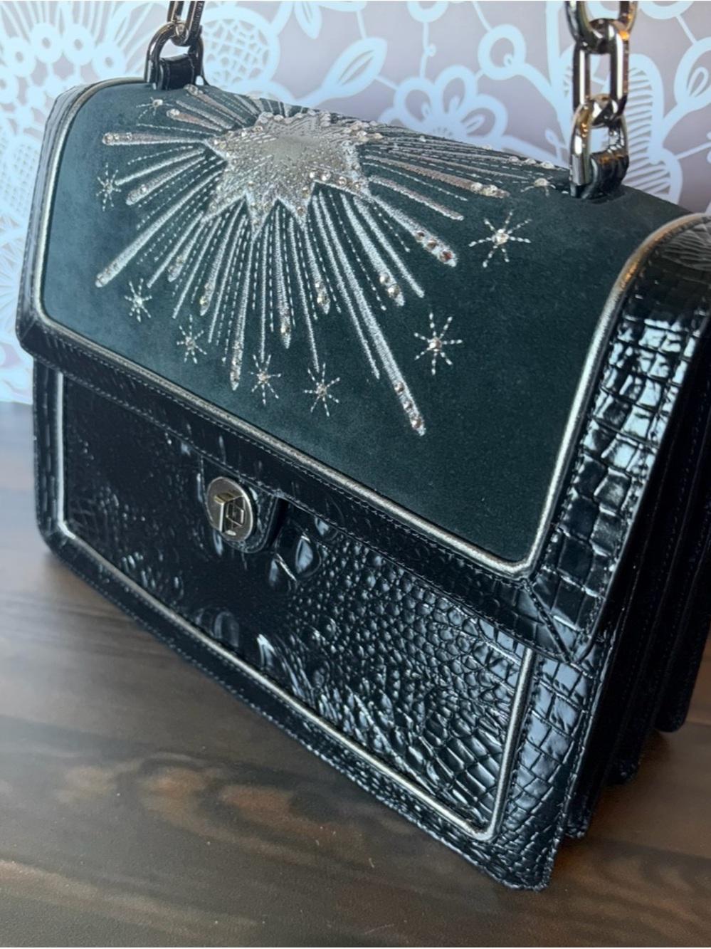 FIRM Brahmin Hallie Black Revel Luxury CRYSTALS ITALIAN SUEDE Satchel Bag $495 - Picture 11 of 13